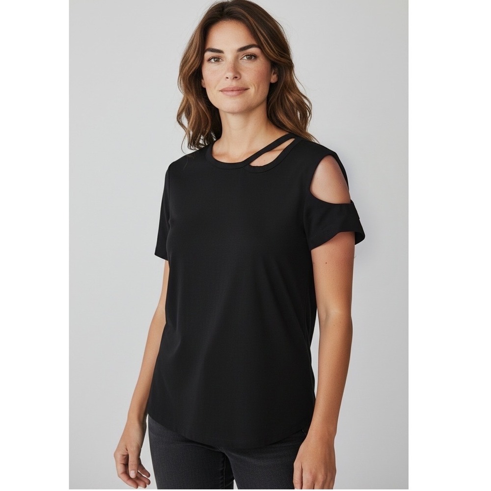 Status by Chenault Black Cold Shoulder Cutout Ribbed Knit Top Womens S‎ NEW